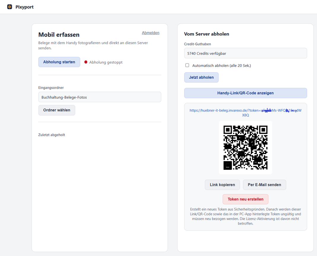 PixyPort Dashboard mit Eingangsordner, QR-Code und automatischer Abholung